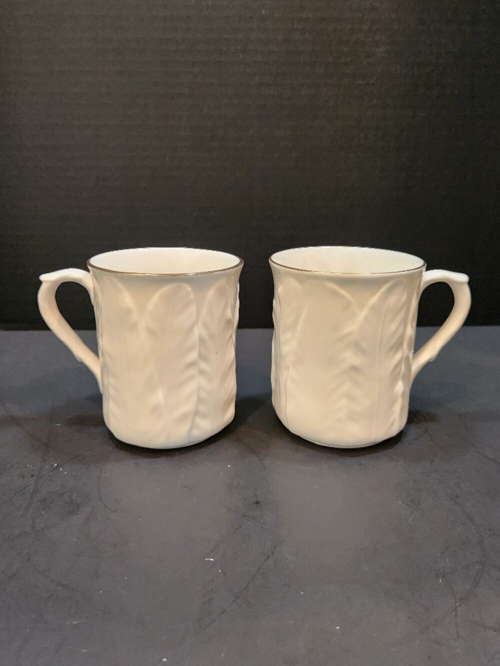 Vintage Royal Worcester Fern Leaf Mugs White Bone China Gold Trim Set of 2 1986